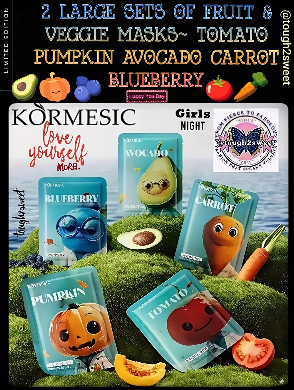 🆕️2 LARGE SETS OF FRUIT & VEGGIE MASKS~ TOMATO PUMPKIN AVOCADO CARROT BLUEBERRY